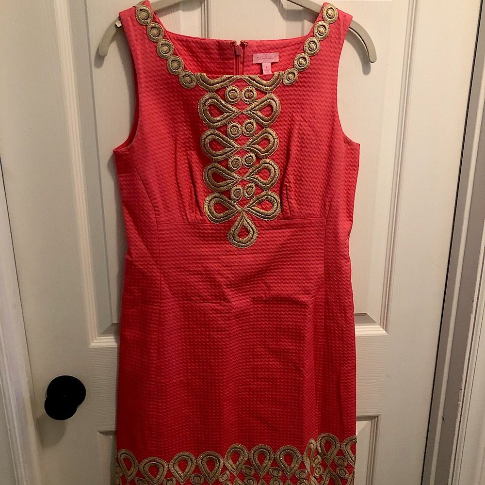 Lilly Pulitzer Adelson shift dress. Sz 6. Coral/Gold.